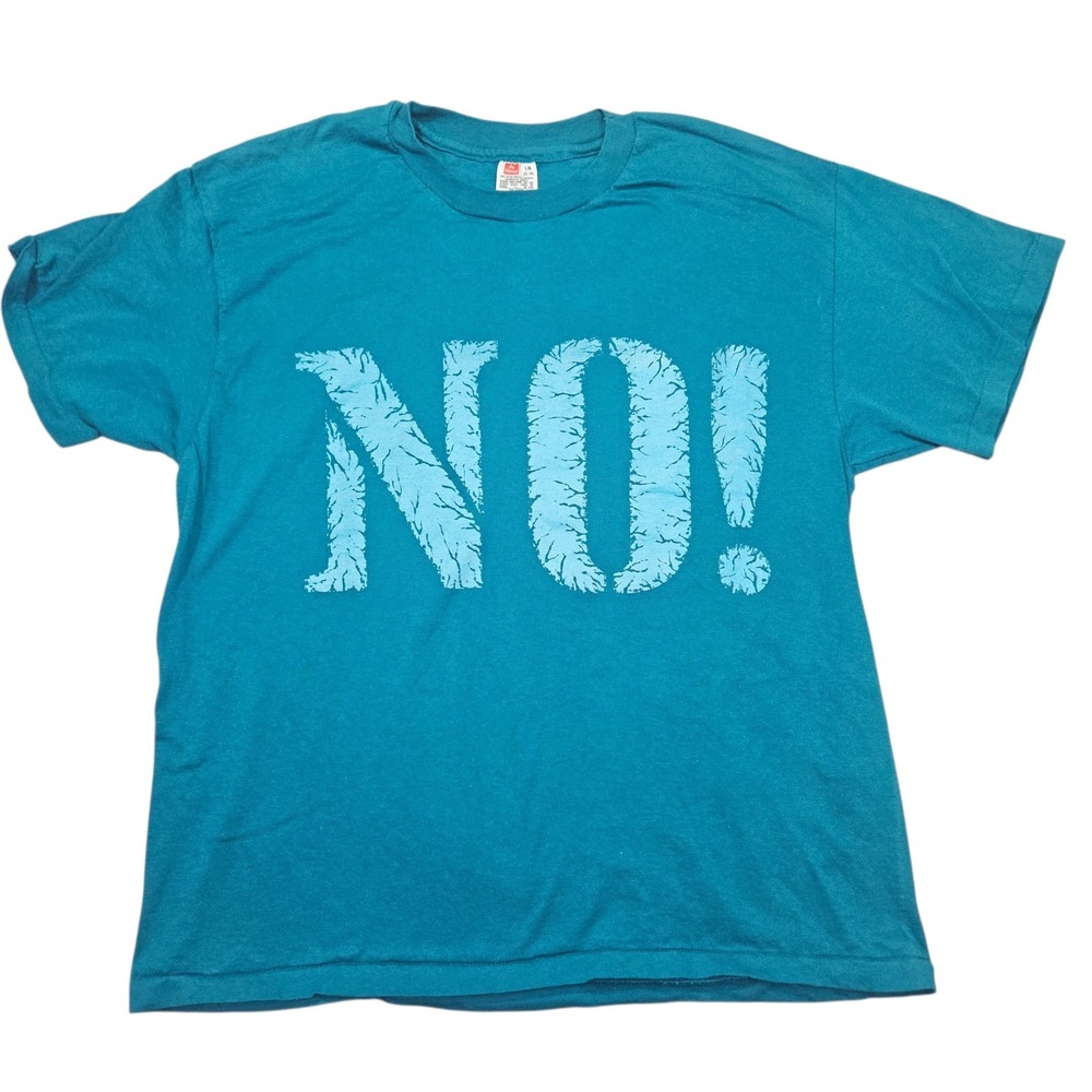 VTG 90s Hanes Single Stitch NO! Graphic T-Shirt Teal Sz L